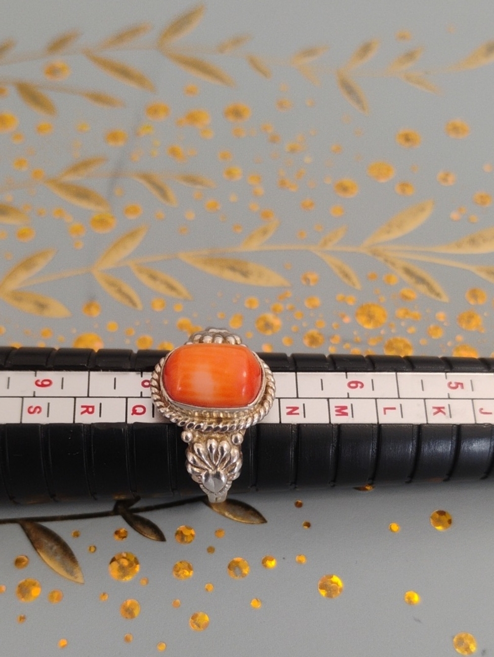 Sterling Silver Natural Orange Coral Cabochon Statement Ring